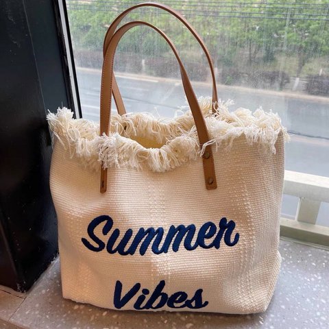 Canvas-Tragetasche mit großem Fassungsvermögen und gestickten Buchstaben, Handtasche für Damen, gewebte Strandtasche, Umhängetasche