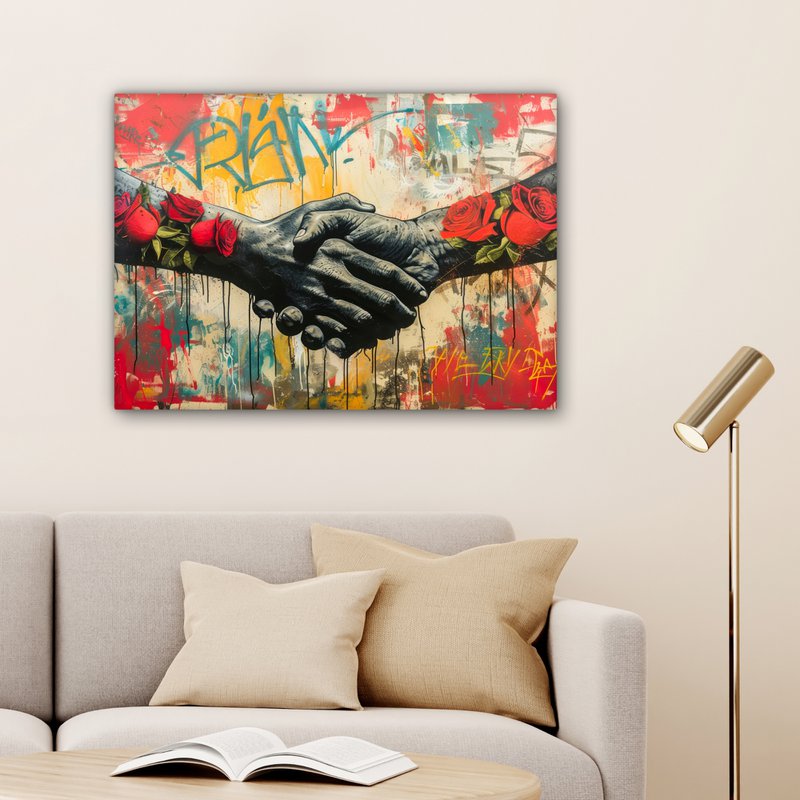 Canvas schilderij - Wanddecoratie Graffiti - Rozen - Handen - Street art - Muurdecoratie woonkamer - Slaapkamer decoratie - Kamer accessoires - Schilderijen op canvas