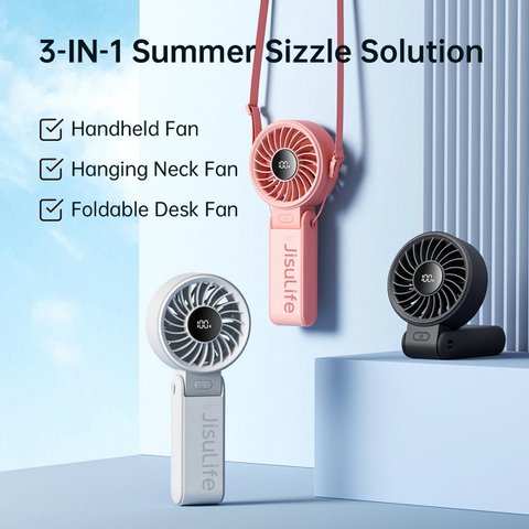 JISULIFE Tragbarer Handventilator mit LED-Anzeige, 5 Geschwindigkeiten, 5000 mAh, 150° gefaltet, 3-in-1-Hand-/Schreibtisch-/Hals-Multifunktionsventilator