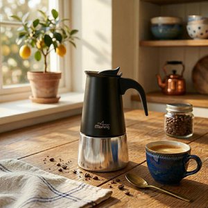 Any Morning Stovetop Espresso Coffee Maker Stainless Steel Induction Moka Pot, 300 ml - 10 oz, Black