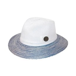 A wide-brimmed fedora hat in a light blue color with a white band. The hat has a classic, stylish design suitable for casual or formal wear.