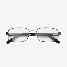 Rectangular metal eyeglasses with black frames.