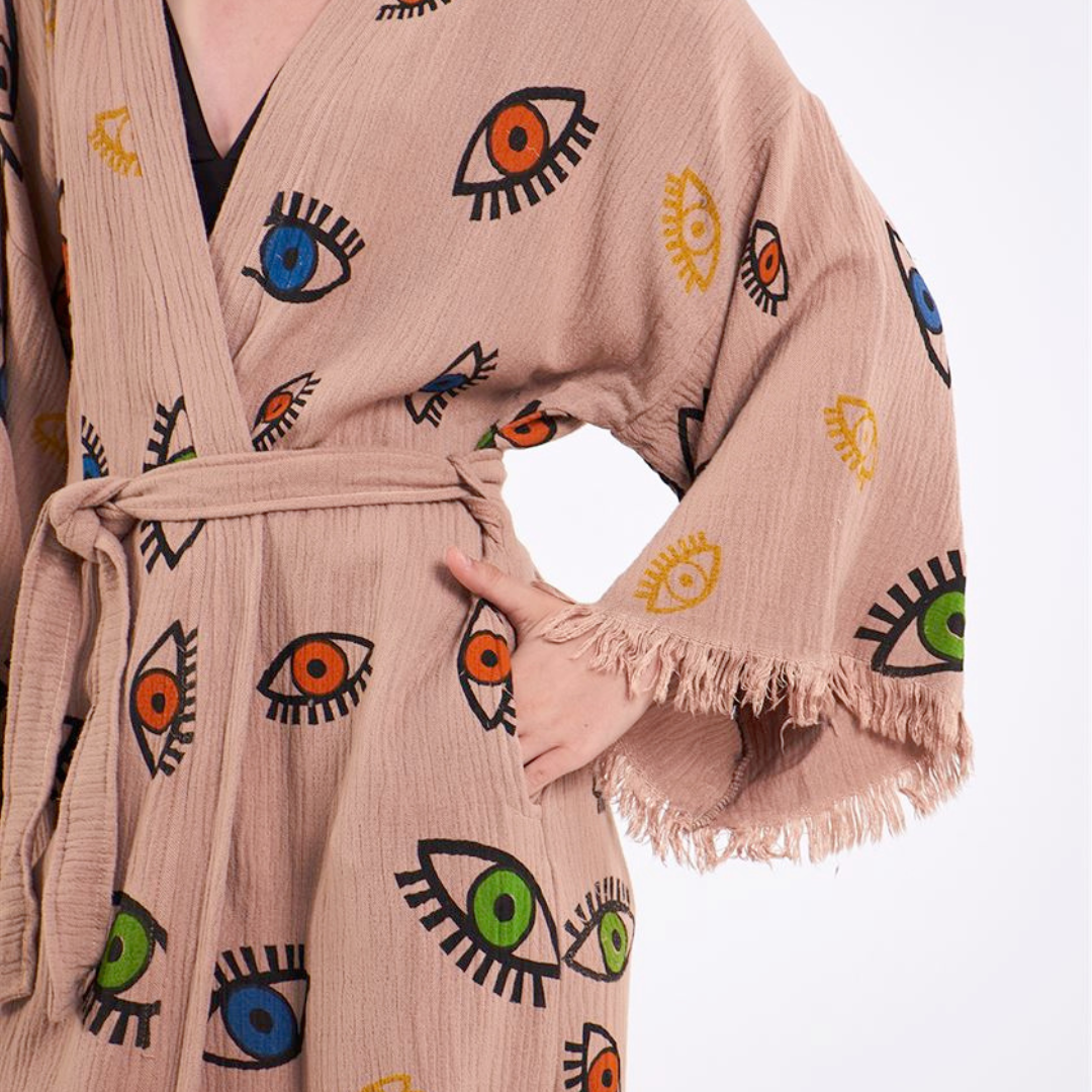 Evil Eye Bathrobe-Shawl Neck-Light Brown