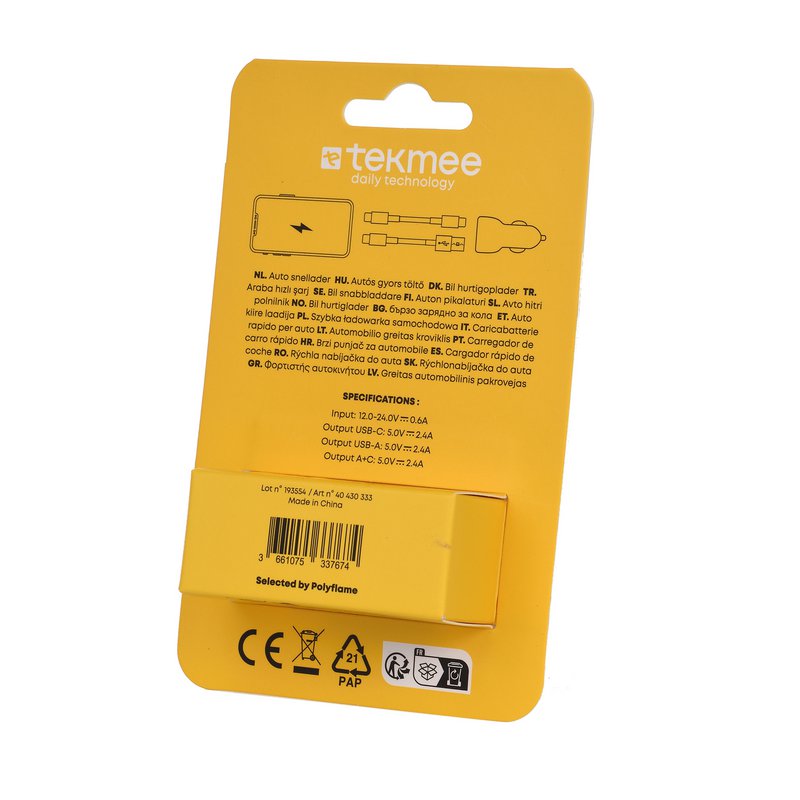 Sigarettenaanstekeraansluiting 2 USB-poorten 12W / 2A - Tekmee