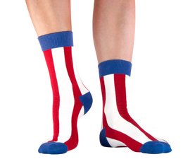 Patriotic socks with red, white, and blue stripes.