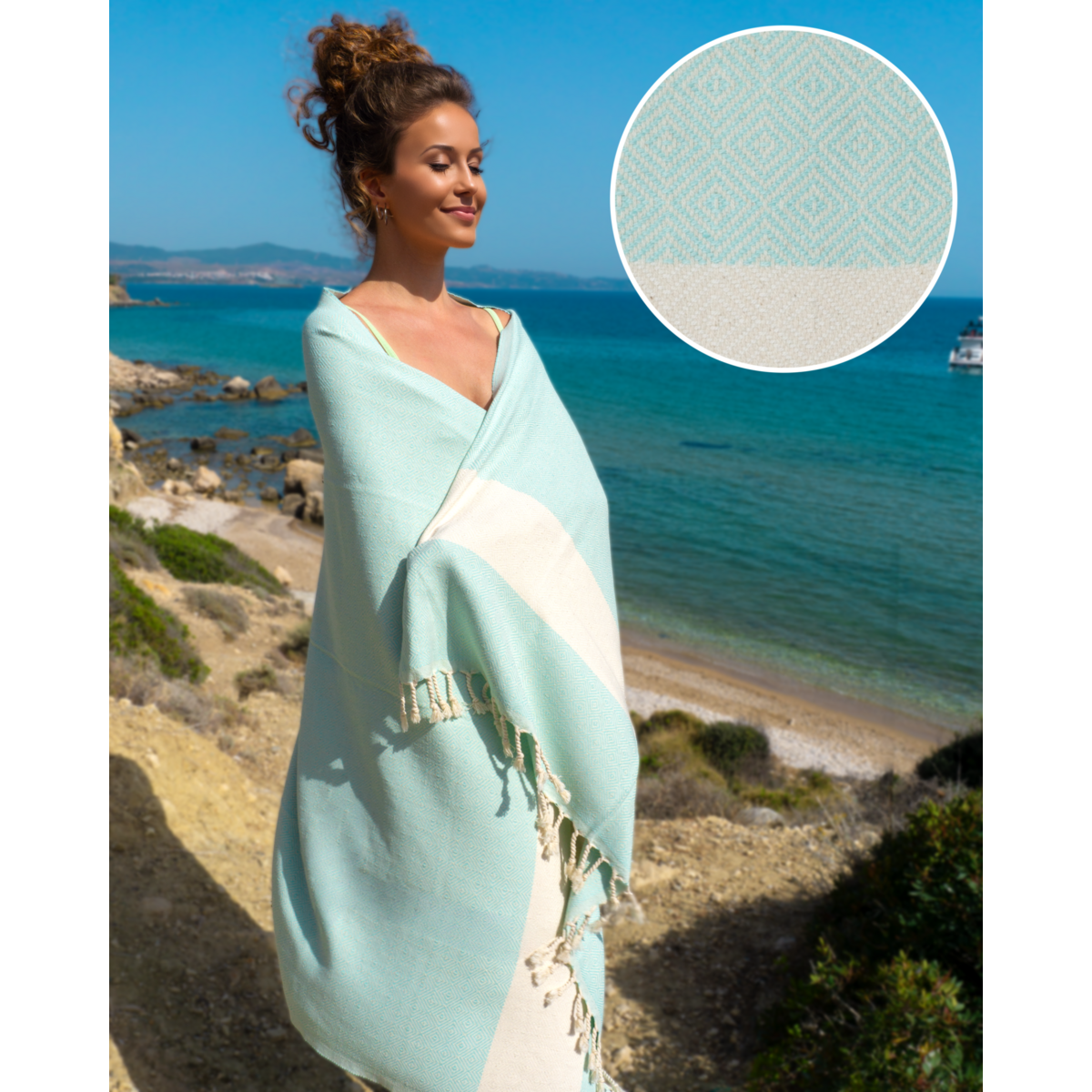 DIAMANT Telo da spiaggia e sauna per Hammam in cotone – Senza sabbia – Menta - 180x100 cm
