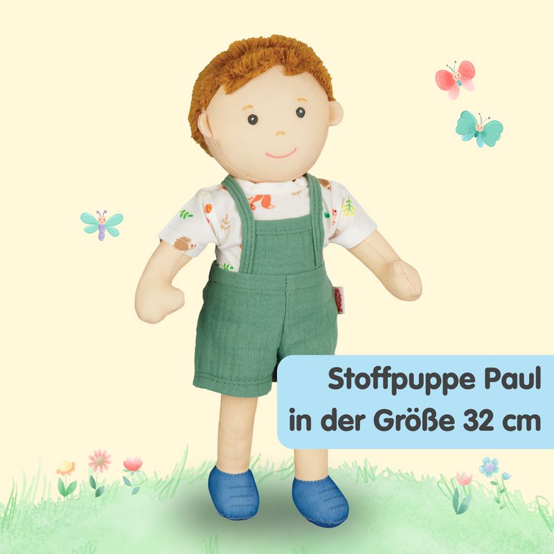 Stof Doll '' Paul '' med tøj til at sætte på og tage af, 32 cm