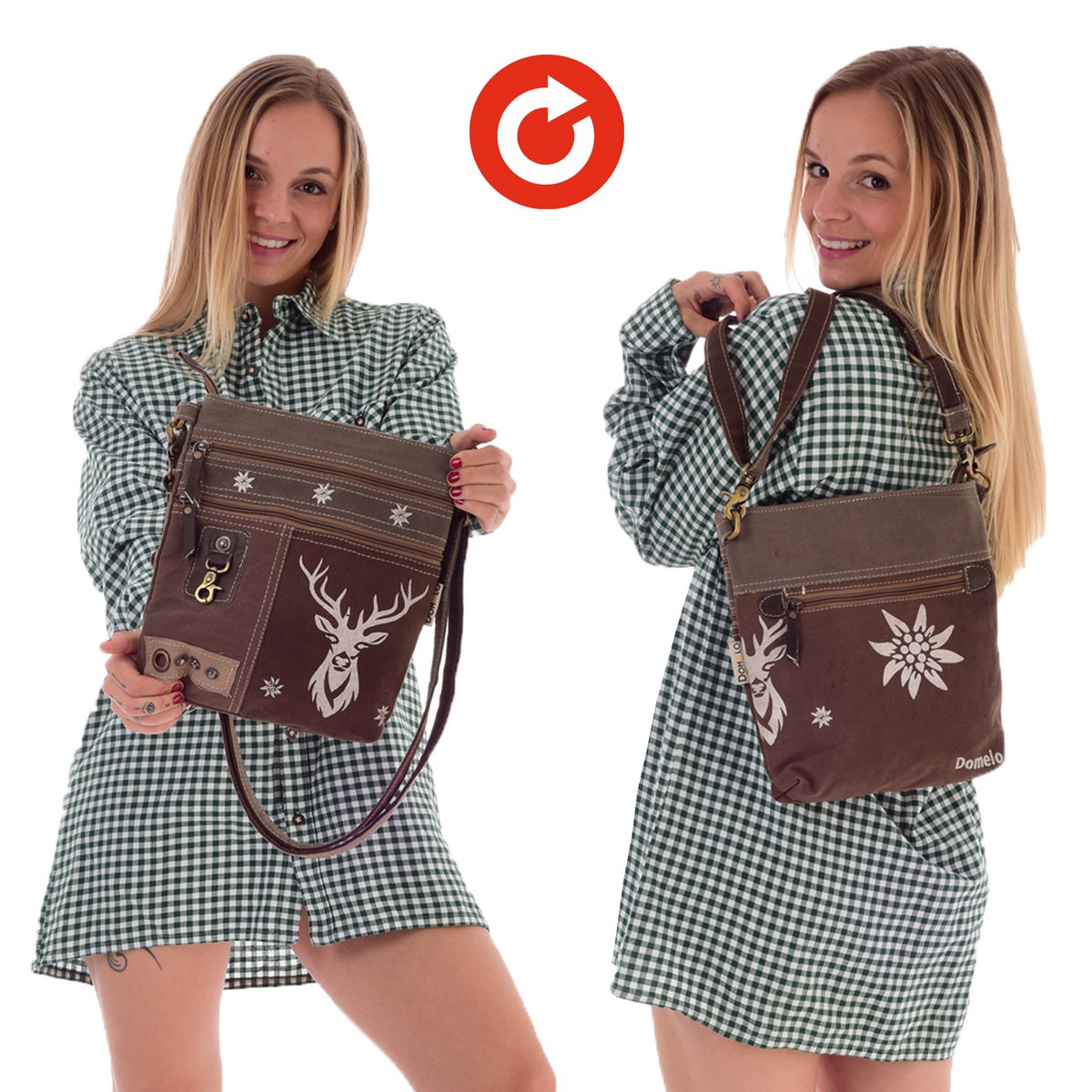 Domelo traditional bag. Women's shoulder bag. Dirndl shoulder bag made of canvas and leather. Handbag in traditional style with deer edelweiss print. Crossbody bag for women as Oktoberfest accessories.