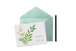 A greeting card with a handwritten message "Thank you dear teacher" and a watercolor illustration of green leaves on a light background.