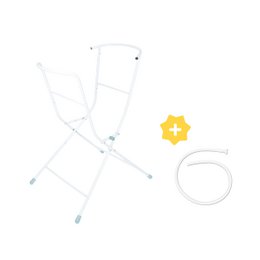 Adjustable metal frame with a soft, light blue tub for bathing infants or toddlers. Includes a removable tub and foldable design for easy storage.