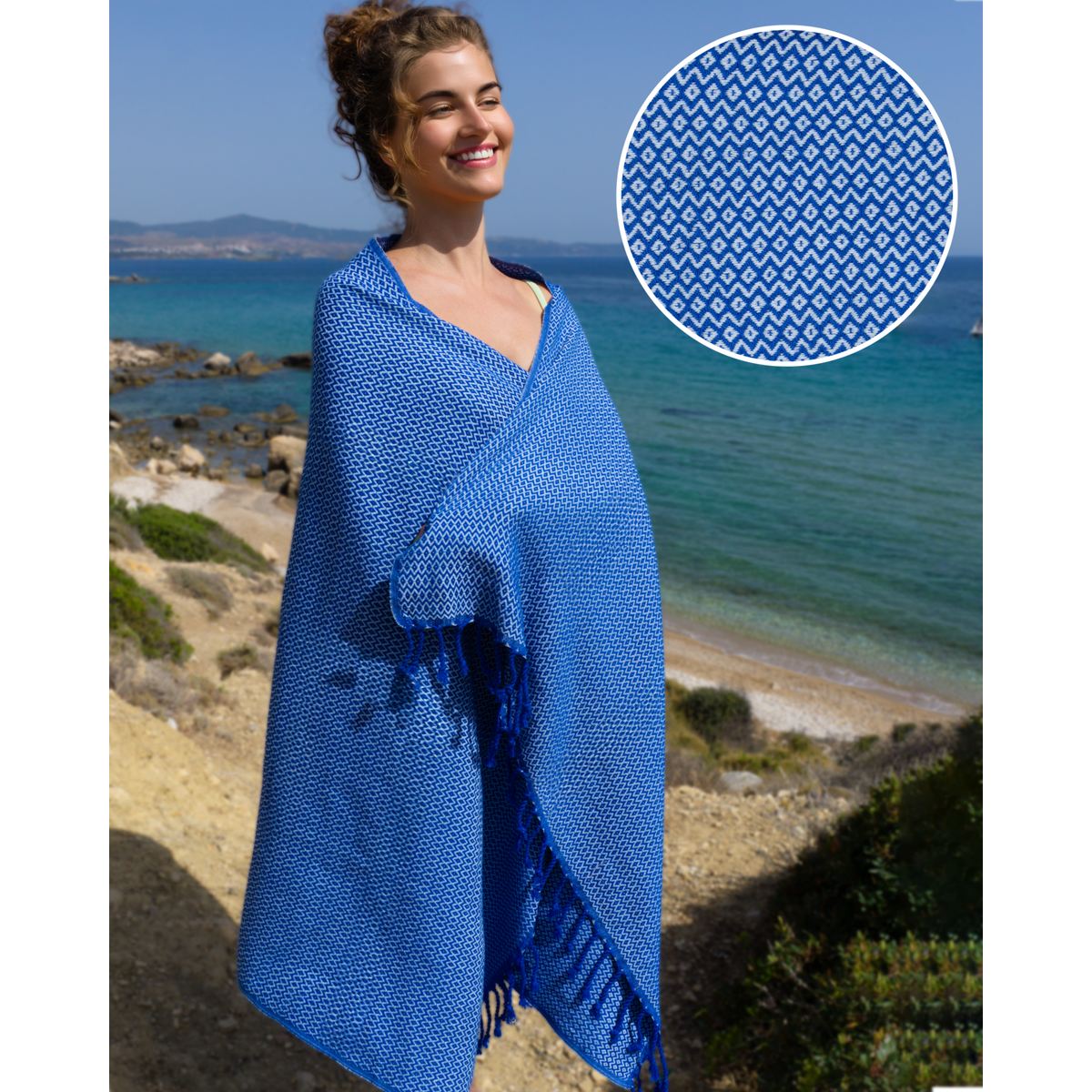 Asciugamano Spa Hammam in cotone SAMOS – Senza sabbia – Blu/Azzurro - 180x100 cm