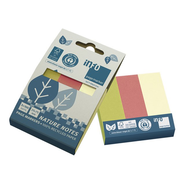 Info Page Marker papier 25x75mm, 3 kleuren recycled 100 vel per kleur
