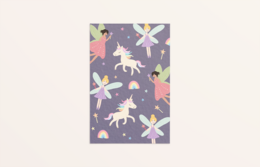 Colorful card featuring whimsical unicorns, fairies, and stars on a dark background. Suitable for baby or children's products.