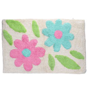 Getufte katoenen badmat - Groene en roze bloemen