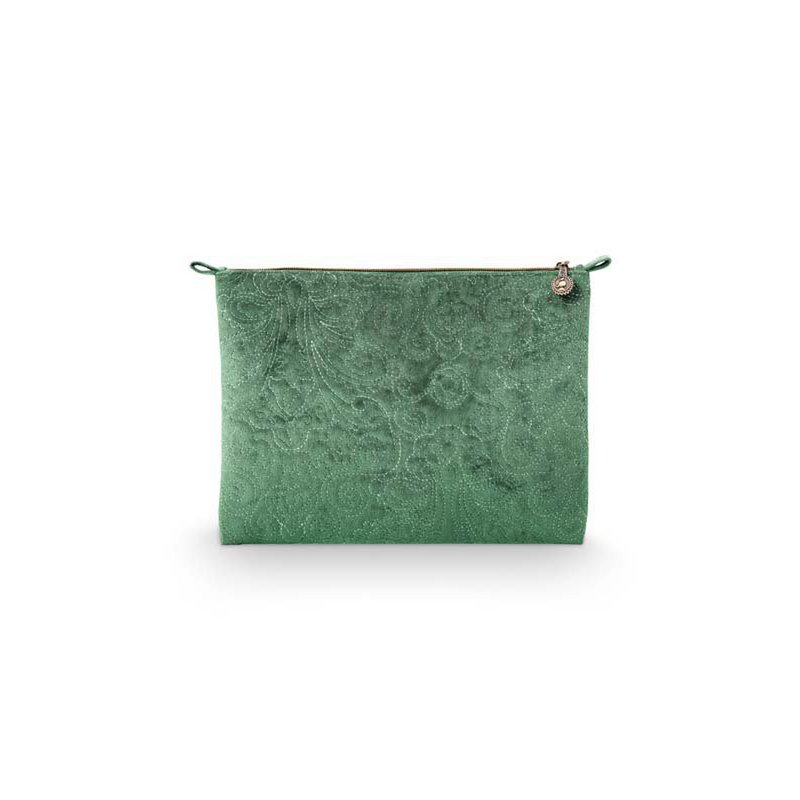 Cosmetic Flat Pouch Large Velvet Quilted Green 30x22x1cm