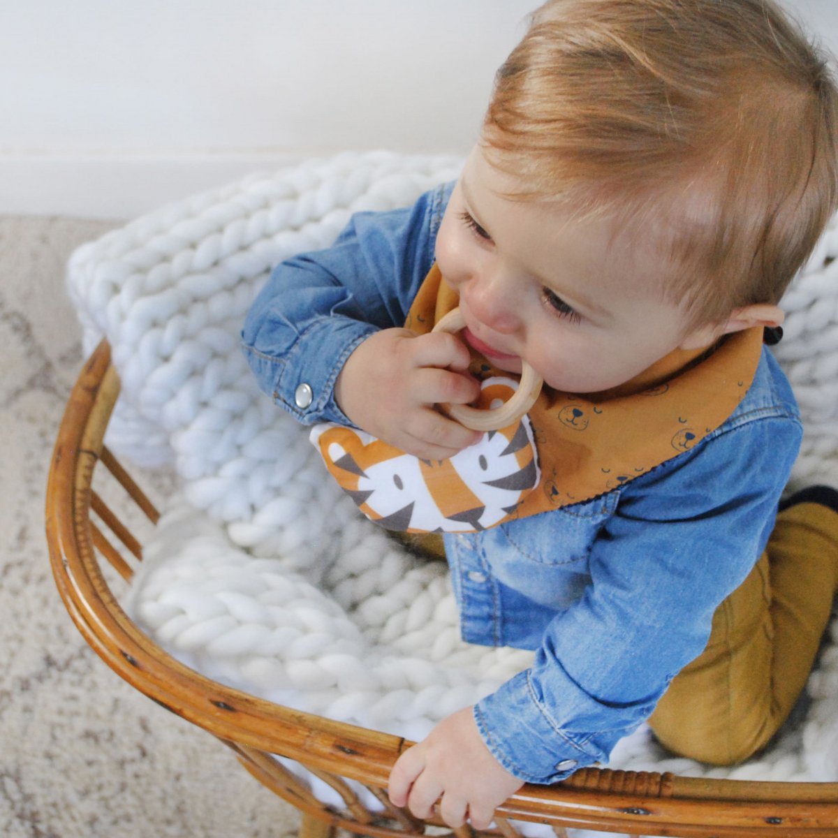 Tiger wood and fabric teething ring