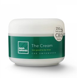CBD cream in a 110ml jar containing 250mg of CBD. The cream is a green-colored product with a white lid.