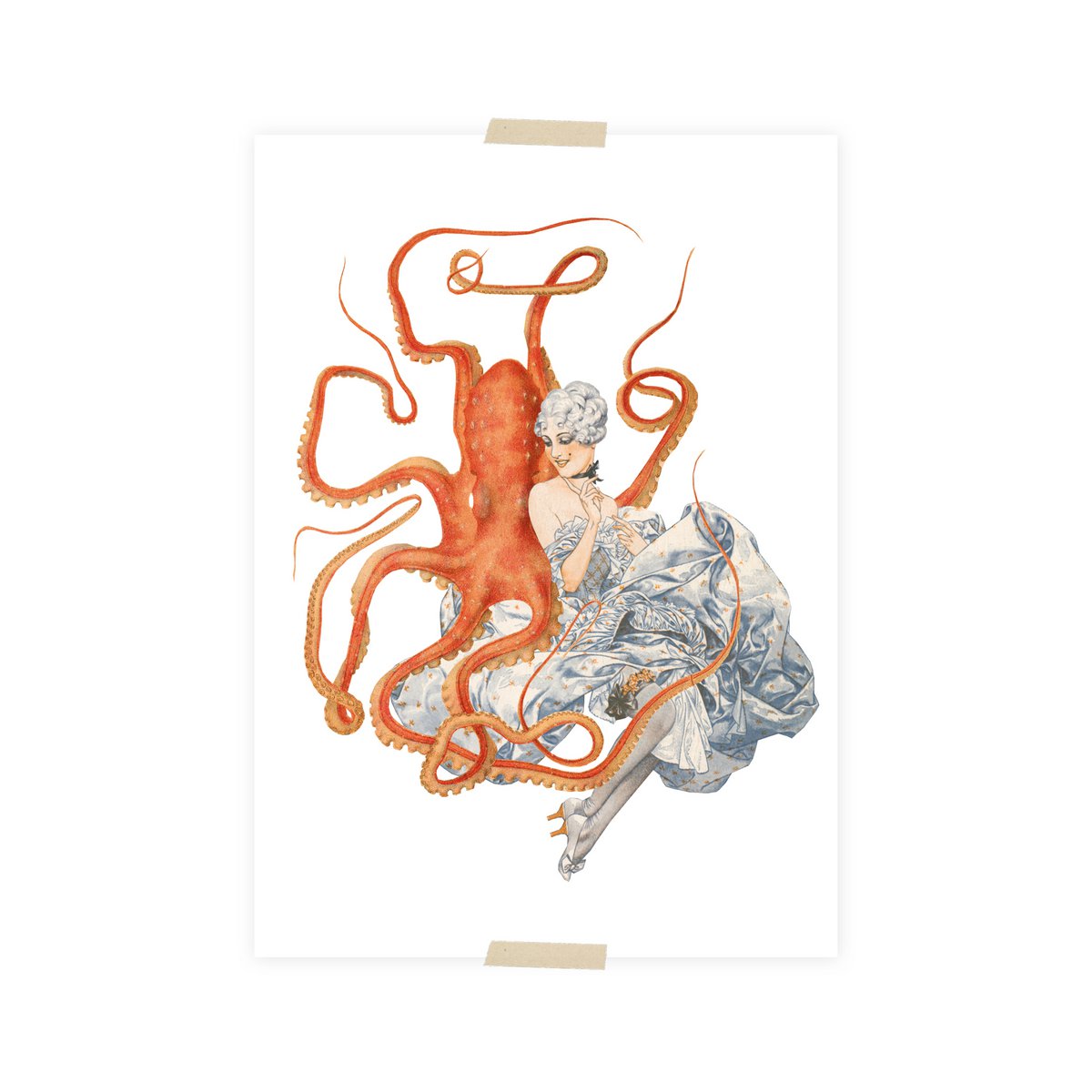 Postcard collage little lady with octopus