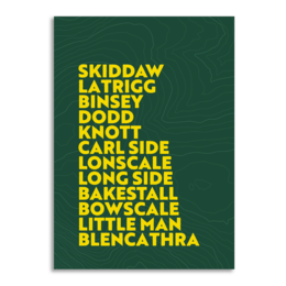 A rectangular wall art print featuring the text "SKIDDAN LATRIGG BINSEY DODD KNOTT CARL SIDE LONSCALE BOWSCALE BAKESTALL BOWSCALE LITTLE MAN BLENCATHRA" in yellow against a dark green background.