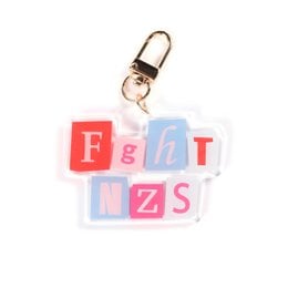 Acrylic keychain with colorful letter blocks spelling "FGHT NZS". The keychain has a gold-tone metal ring and clasp for attaching to keys or bags.