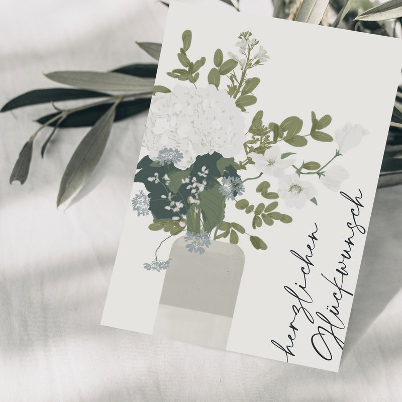 Greetings card 'Congratulations' with vase and bouquet of flowers