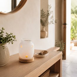 Parfumebrænder Inspiration Series – Siete – Æteriske olier, fondanter, duftvoks – Træ og glas fyrfadsstage – Gaveidé