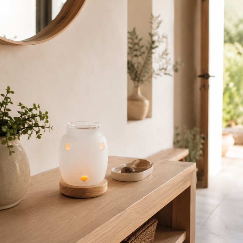 Parfumebrænder Inspiration Series – Siete – Æteriske olier, fondanter, duftvoks – Træ og glas fyrfadsstage – Gaveidé