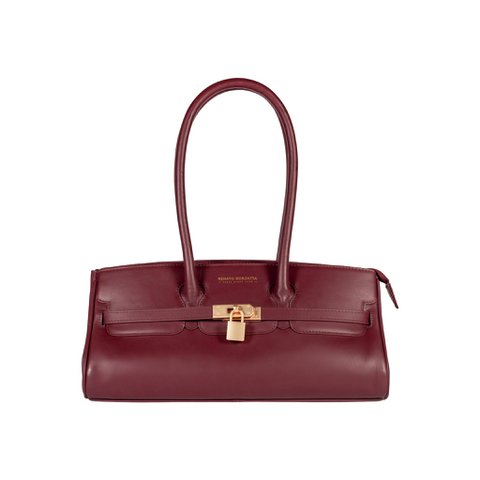 RB1033X | ARIANNA Women's Shoulder Bag in Genuine Soft Sauvage Leather Made in Italy. Matt Gold metal accessories. Bordeaux colour. Dimensions: 34 x 15 x 16 + 20 cm (handle light)