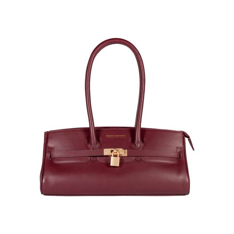 RB1033X | Borsa a Spalla Donna ARIANNA in Vera Pelle Morbida Sauvage Made in Italy. Accessori in metallo Oro Opaco. Colore Bordeaux. Dimensioni: cm 34 x 15 x 16 + 20 (Luce manici)