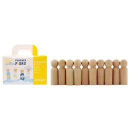 A set of 10 wooden character figures, each measuring 7 cm in height, available in a single color. These classic wooden figures are suitable for arts and crafts projects.