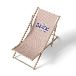  Beige striped beach chair with "Life's a Beach" text print, wooden frame, summer lounger decoration.