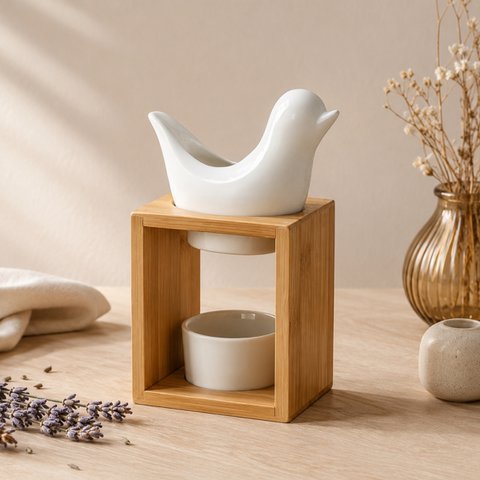 Parfümbrenner Serie Naturea – Birdy White – Kerzenhalter aus Bambus und Keramik – Diffusion von Duftwachs, ätherischen Ölen – Geschenkidee
