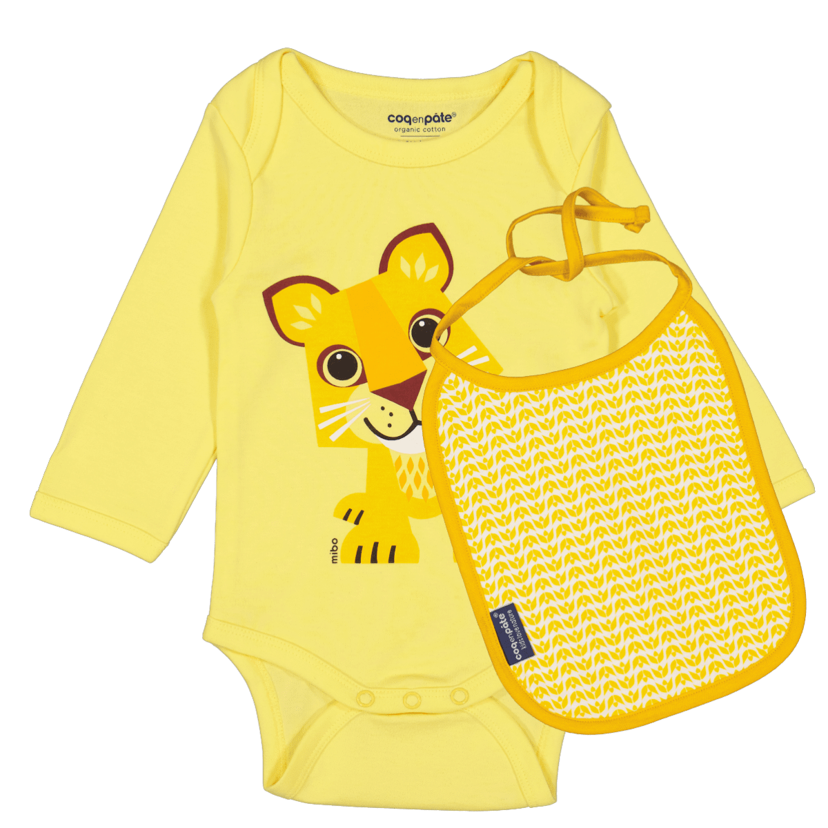 Conjunto de body y babero de manga larga | Algodón orgánico | León | regalo de nacimiento