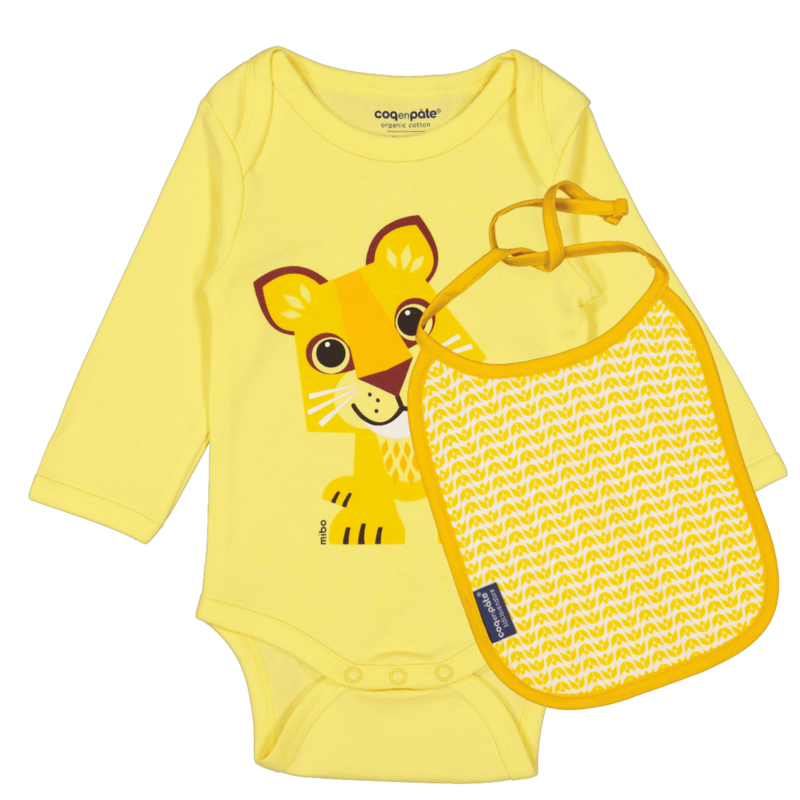 Set Body manches longues & Bavoir | Coton bio | Lion | Cadeau naissance