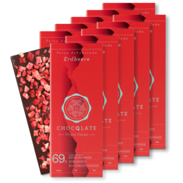 Organic chocolate bars with strawberry flavor, featuring a vibrant red packaging and visible chocolate pieces.