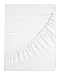 100% cotton satin fitted sheet in white whisper color, available in multiple sizes.