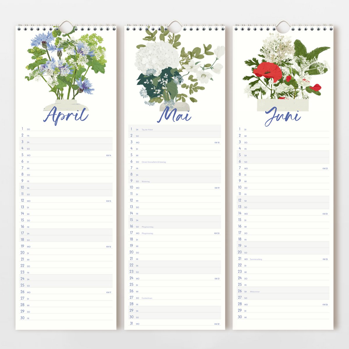 Wandkalender 2027 mit handgezeichneten Blumenvasen