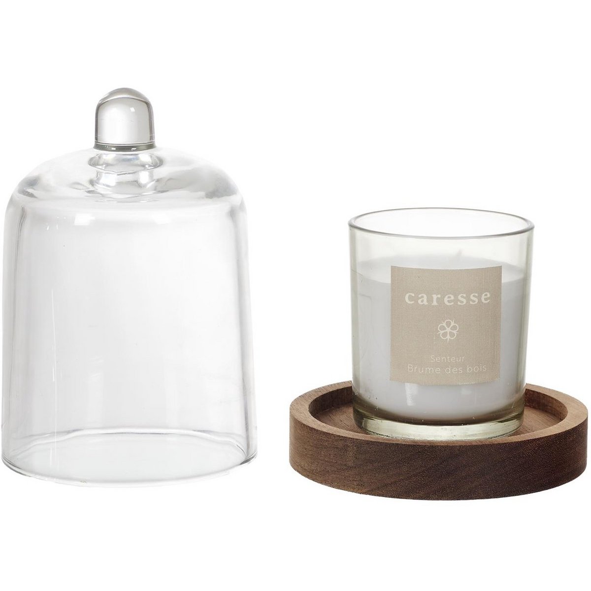 Luxe Geurkaars met Stolp – Witte Geurkaars in Glazen Houder met Houten Onderzetter – Sfeervolle Interieurdecoratie & Cadeau – Natuurlijke Hout- en Bosgeur – Kaars – Wit