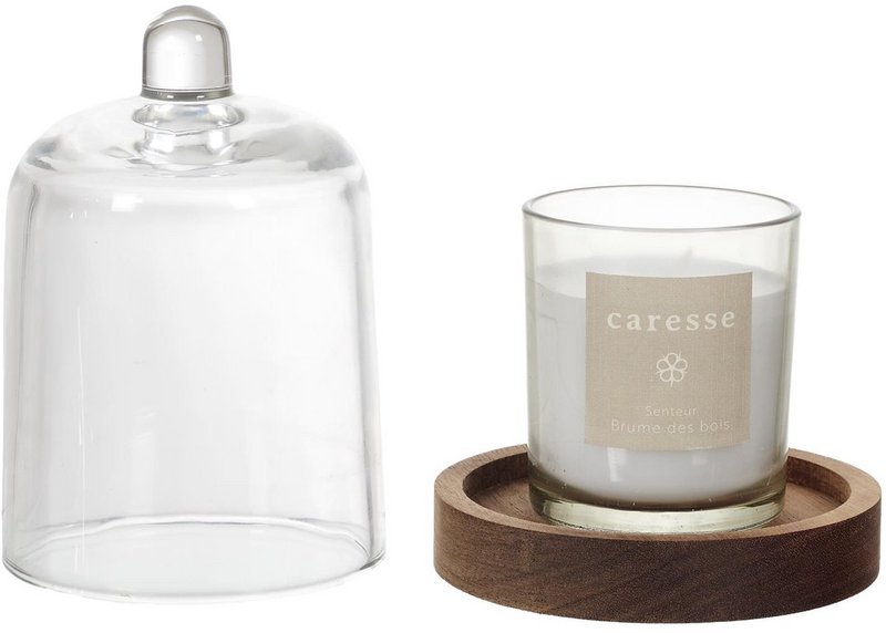 Luxe Geurkaars met Stolp – Witte Geurkaars in Glazen Houder met Houten Onderzetter – Sfeervolle Interieurdecoratie & Cadeau – Natuurlijke Hout- en Bosgeur – Kaars – Wit