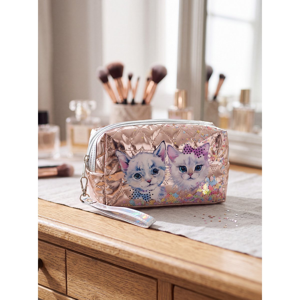 Toiletry Bag Ladies 18x7x10 cm Pink Synthetic Cat Make-Up Bag