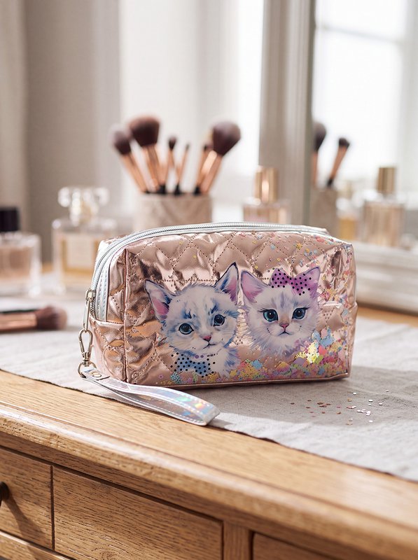 Toiletry Bag Ladies 18x7x10 cm Pink Synthetic Cat Make-Up Bag