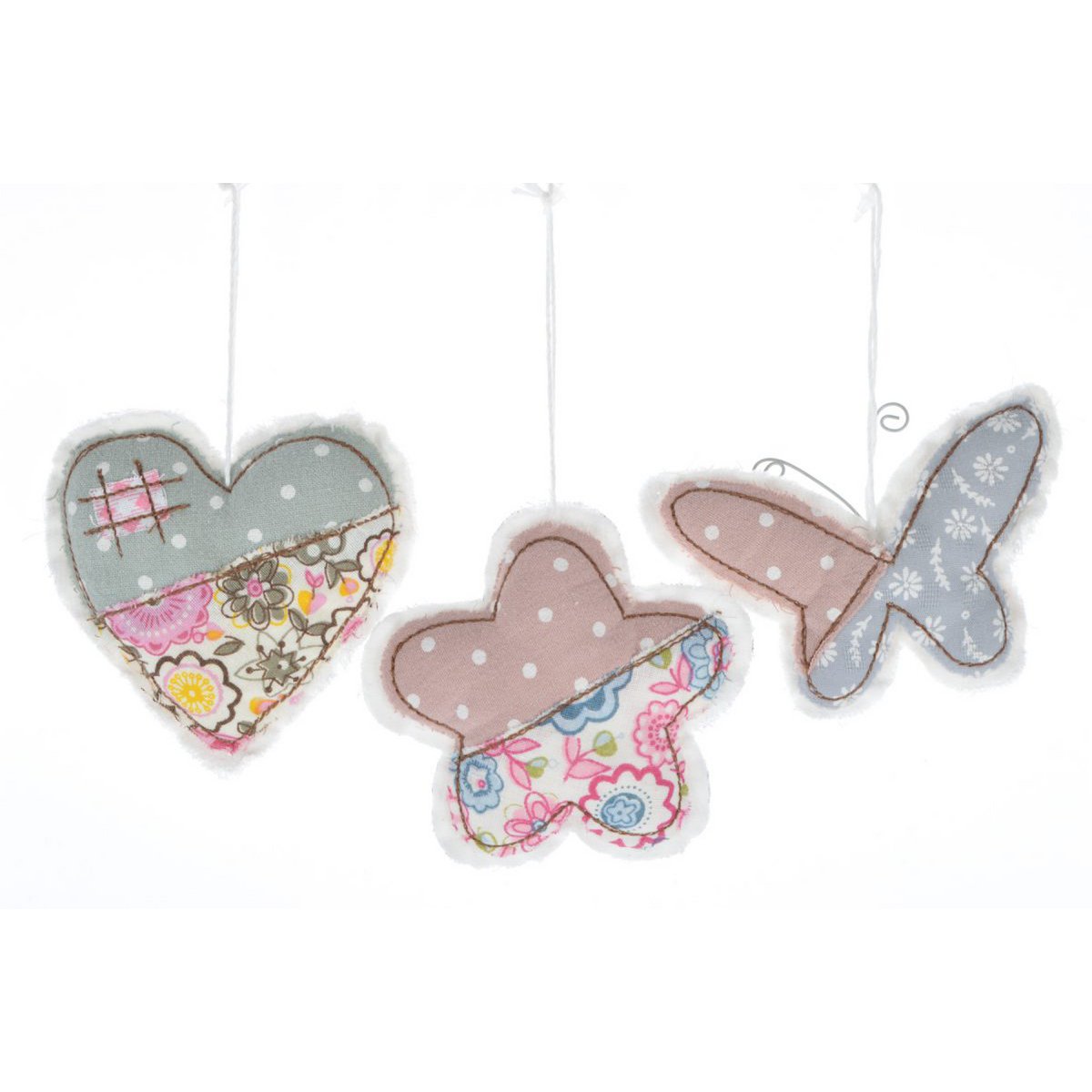 Textiel hart, vlinder en bloem 9 cm set van 3 stuks