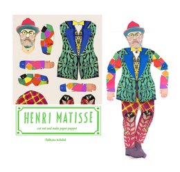 Colorful, patterned puppet figure inspired by the artwork of Henri Matisse, featuring a vibrant, abstract design with various shapes and textures.