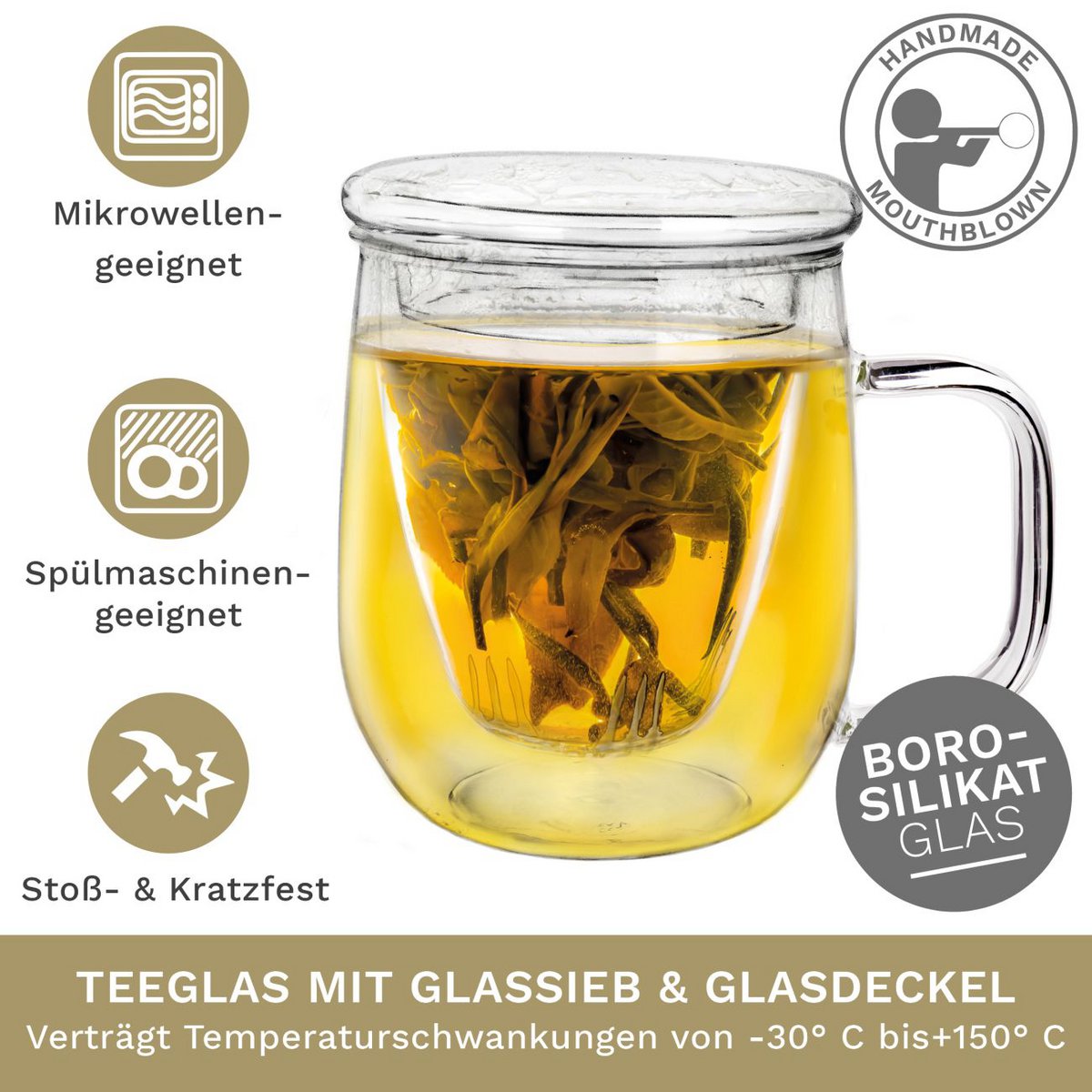 Creano Teeglas mit Sieb und Deckel 450ml