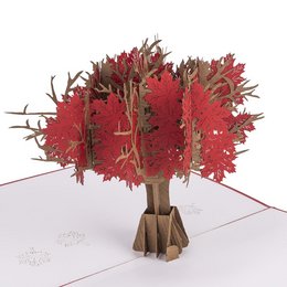 A red maple tree pop-up card with intricate white silhouette designs of maple leaves and branches.