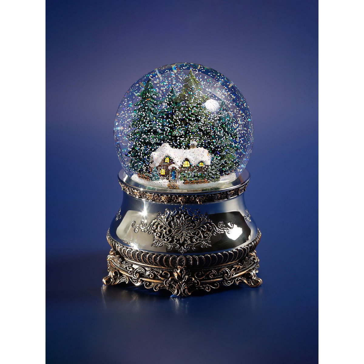 Kerstmuzikale sneeuwbol “Jachthuis”, glas, met verlichting en automatische sneeuwstorm