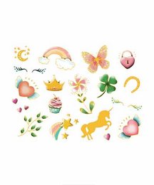 Temporary tattoo featuring a mini fairy design, suitable for kids. Includes colorful elements like a butterfly, rainbow, heart, and other whimsical icons.