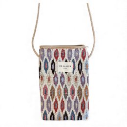 Stylish phone bag with a colorful geometric pattern, made of durable cotton material, suitable for carrying a smartphone or other small items.