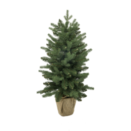 A small, artificial Christmas tree with green, needle-like foliage and a natural-looking burlap base. The tree appears to be a Norwegian Spar variety, standing approximately 90 cm tall.