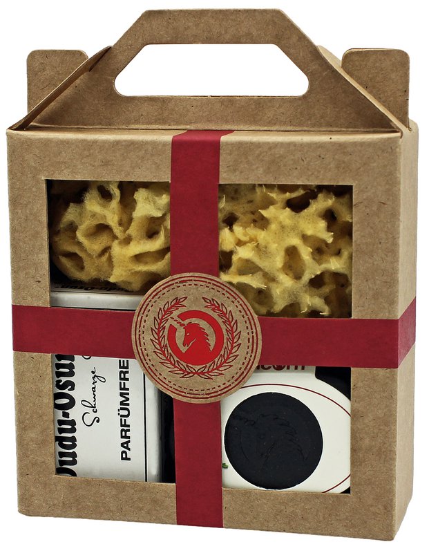 Gavesæt mini sæbeæske, lille, fløjlsblød sort, Dudu Osun® PURE 25g, naturlig svamp, lille